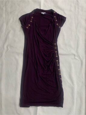 Cabi Eggplant Purple Grommet Detail Ruched Faux Wrap Mini Dress